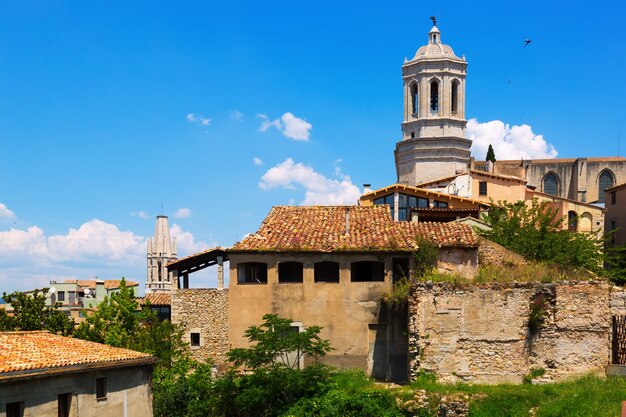 view of Girona with bell tower of Gothic Cathedra