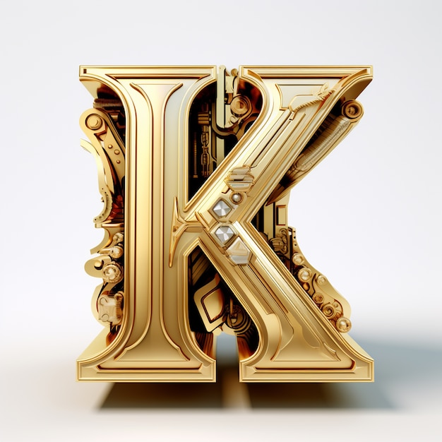 Free photo view of golden 3d letter k with luxurious gold design