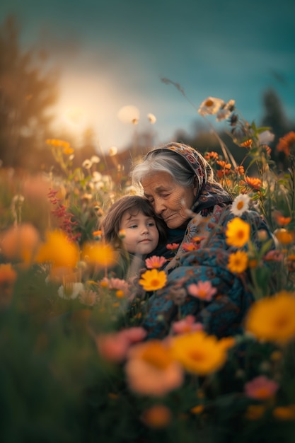 Foto gratuita vista di nonna e nipote che mostrano affetto e connessione umana