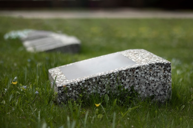 Вид надгробия в траве