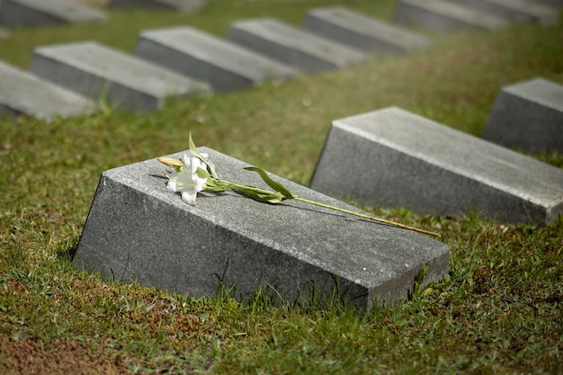 Free photo view of gravestone with flowers