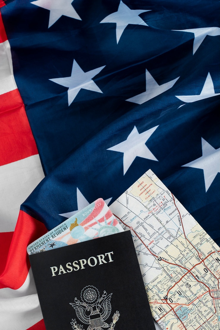 Free Photo above view green card and passport assortment