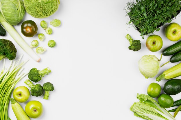 Above view green fruits and vegetables