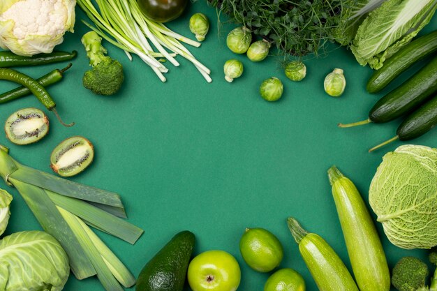 Above view green fruits and vegetables