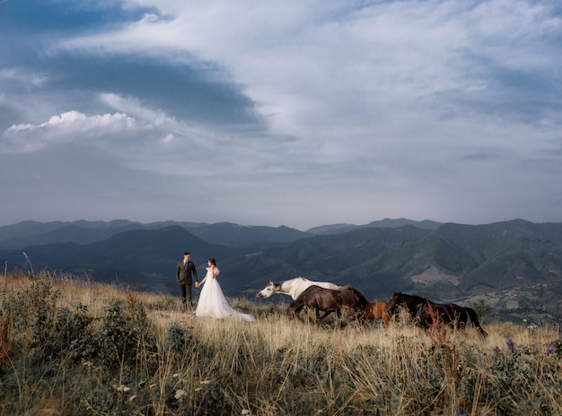 View of groom and bride with the mountain landscape, with horses on the sunny summer day