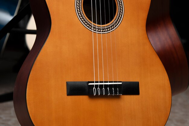 View of guitar in musical instruments store