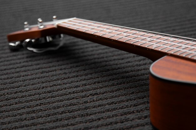 View of guitar in musical instruments store