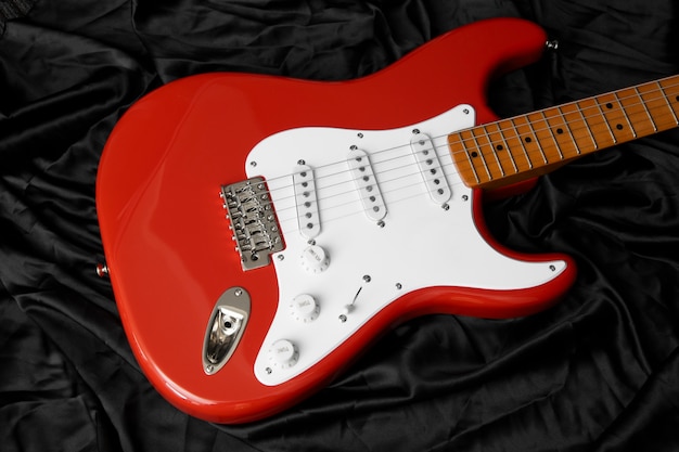 View of guitar in musical instruments store