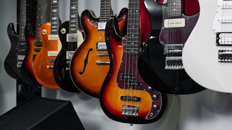 Free Photo view of guitar in musical instruments store
