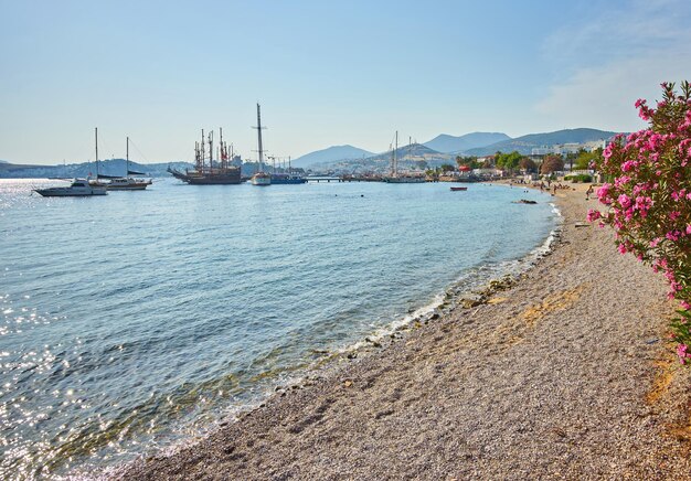 View of the Gumusluk Bodrum Marina sailing boats and yachts in Bodrum town city of Turkey