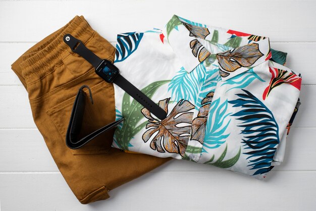 View of hawaiian shirt with pants and wallet