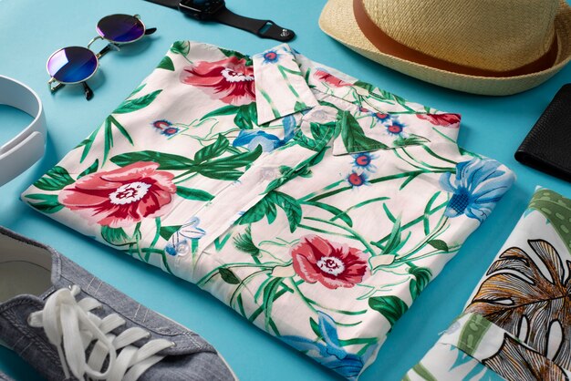 View of hawaiian shirts with floral print and sunglasses