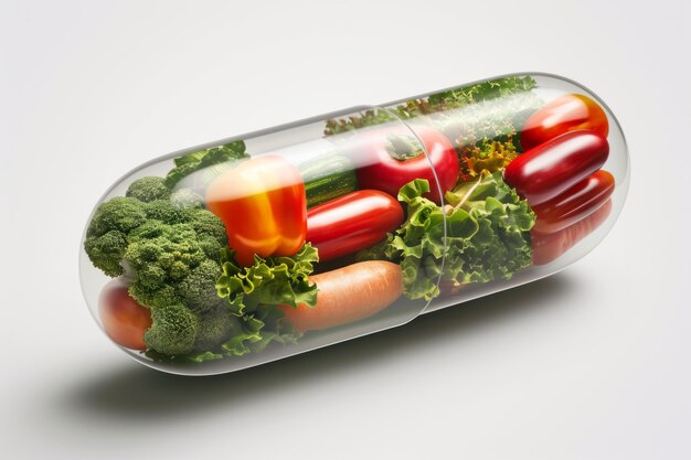 View of healthy food incased in pill shaped container