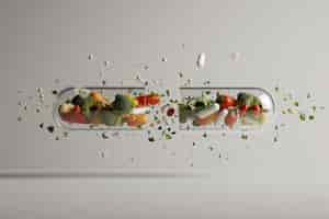 Foto gratuita veduta di cibo sano racchiuso in un contenitore a forma di pillola