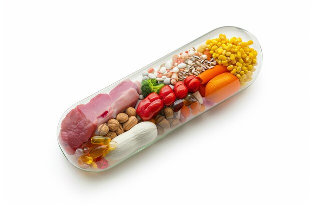 View of healthy food incased in pill shaped container