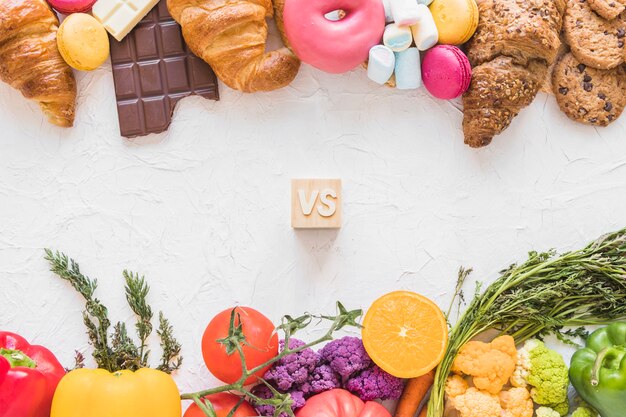 View of healthy food versus unhealthy food on white background