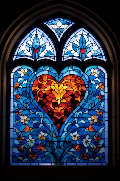 View of heart shape in stained glass window