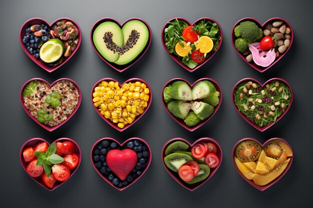 Вид на форму сердца с ассортиментом категорий продуктов питания
