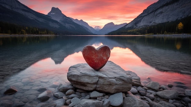 Free photo view of heart shape with mountains and lake landscape