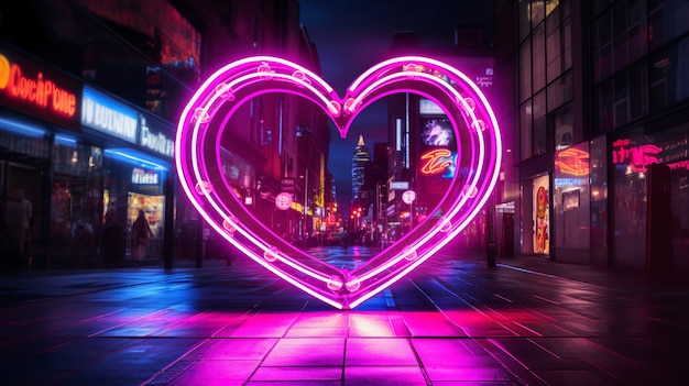 View of heart shaped neon light in the city