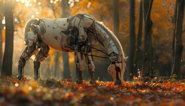 未来主義的なスタイルの機械部品とロボット部品を備えた馬の景色