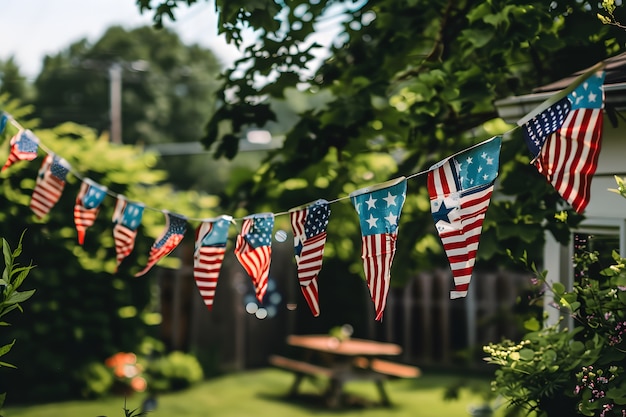 Вид дома, украшенного цветами американского флага, украшениями для празднования Дня независимости