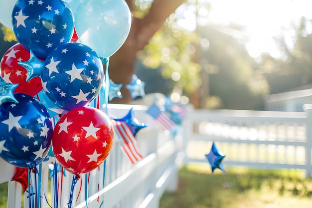 Foto gratuita vista di una casa decorata con ornamenti dei colori della bandiera americana per la celebrazione del giorno dell'indipendenza