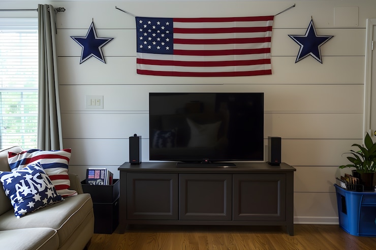 Free Photo view of house decorated with american flag colors ornaments for independence day celebration