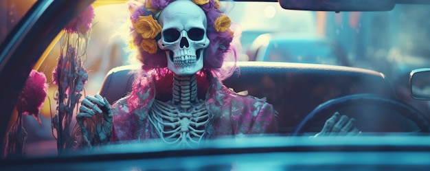 Free photo view of human skeleton driving car