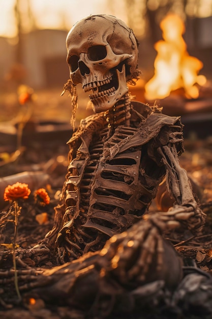 Free photo view of human skeleton sitting on the ground