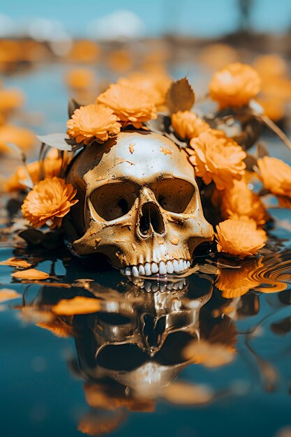 View of human skeleton skull with flowers