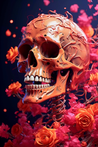 花と人間の骨格の頭蓋骨のビュー