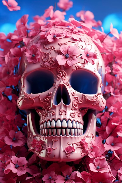 View of human skeleton skull with flowers