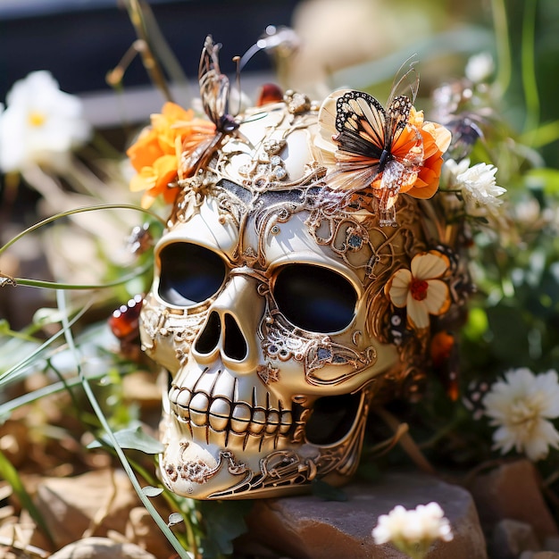 Free photo view of human skeleton skull with flowers