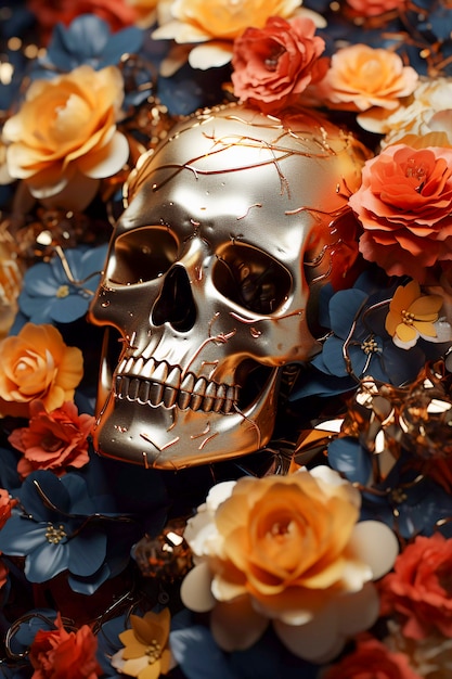 Free photo view of human skeleton skull with flowers