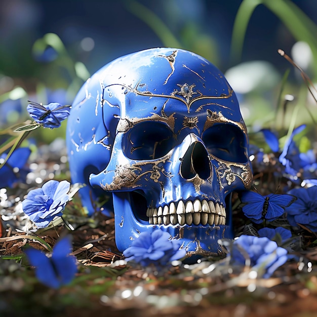 View of human skeleton skull with flowers