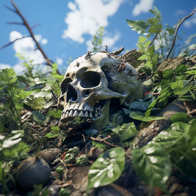 Free photo view of human skeleton skull with leaves
