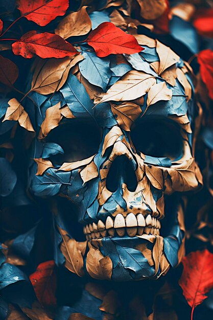 View of human skeleton skull with leaves