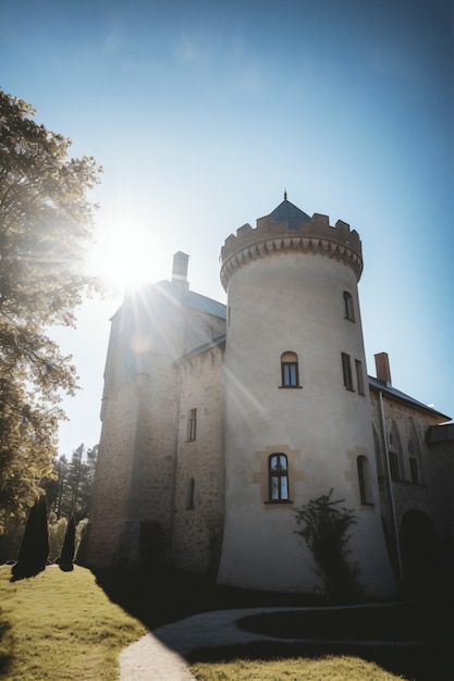 Free photo view of imposing castle with natural landscape