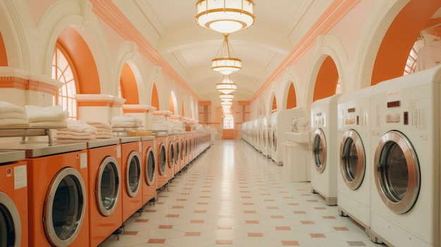 Free photo view inside a laundromat room with vintage decor and washing machines