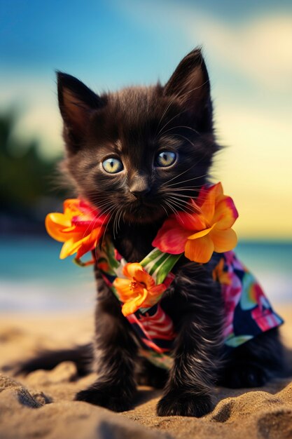 View of kitten at the beach in summer