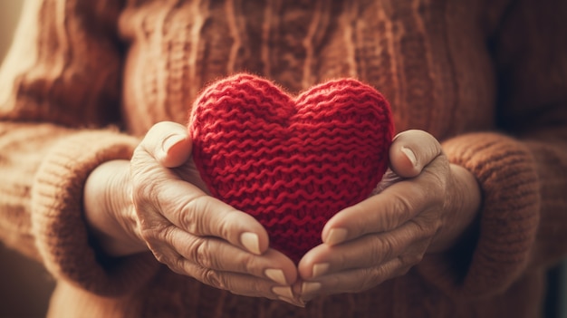 Free photo view of knitted heart held by person in hands