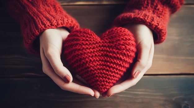 Free photo view of knitted heart held by person in hands