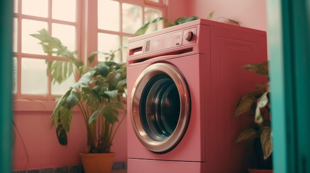 洗 ⁇ 機とレトロ色の洗 ⁇ 室の景色