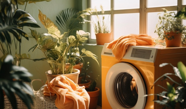 View of laundry room with washing machine and retro colors