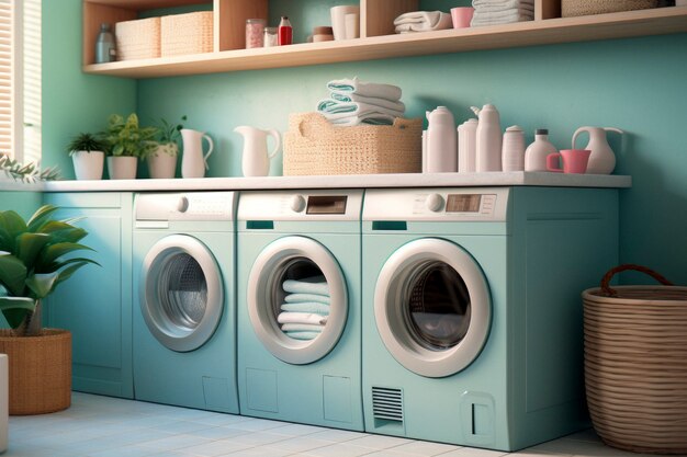 Вид прачечной с стиральной машиной и ретро-цветами