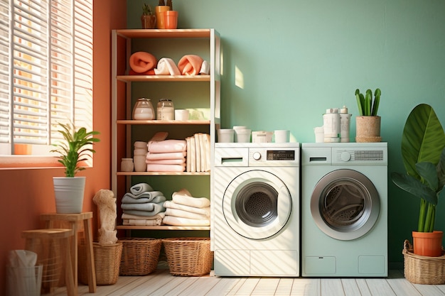 Вид прачечной с стиральной машиной и ретро-цветами