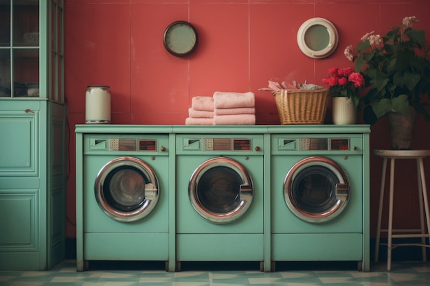 Free photo view of laundry room with washing machine and retro colors