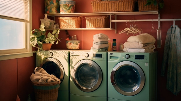 Free photo view of laundry room with washing machine and retro colors