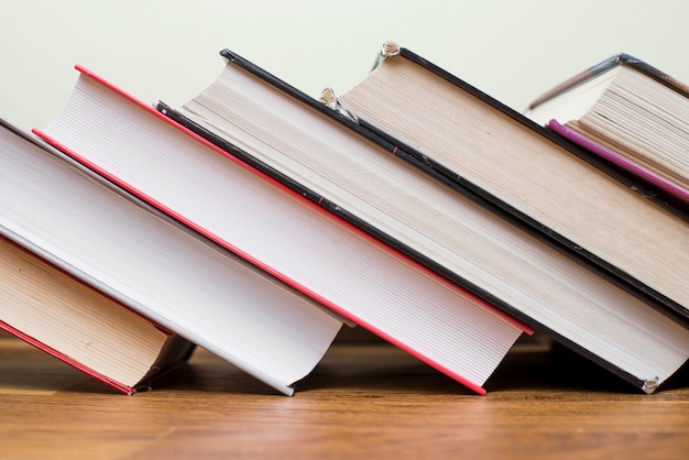 View of leaning books